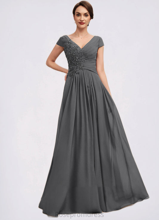Genevieve A-Line V-neck Floor-Length Chiffon Mother of the Bride Dress With Ruffle Lace Beading Sequins SRSP0014582