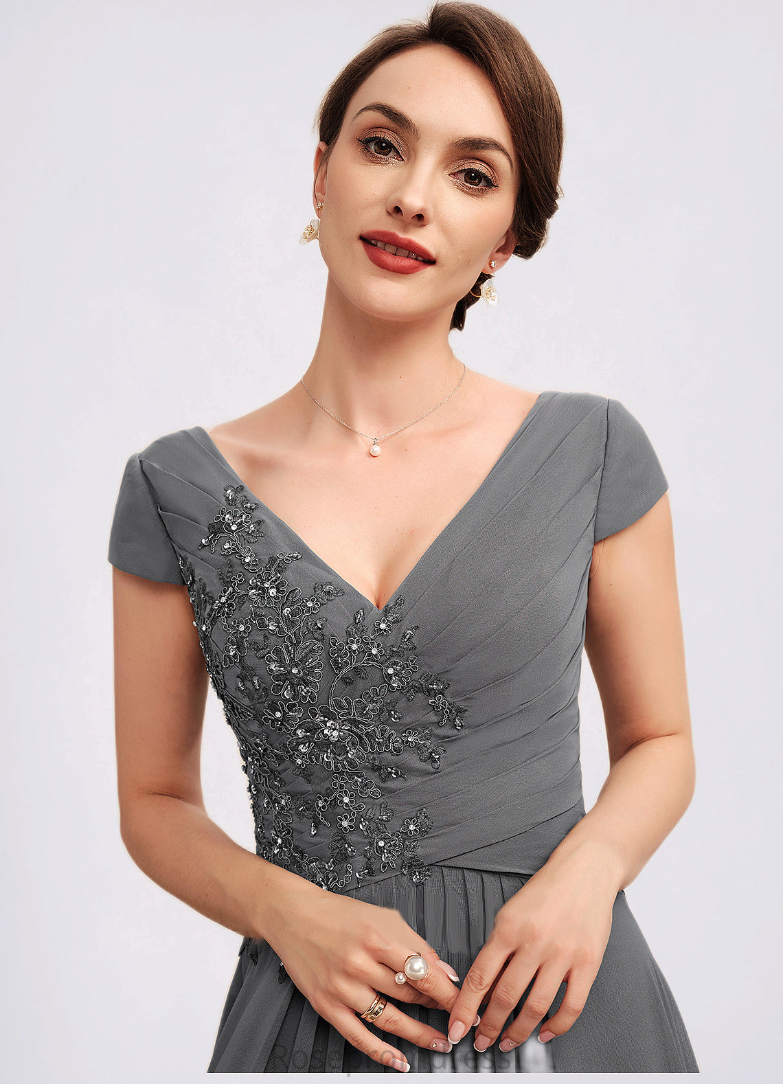 Genevieve A-Line V-neck Floor-Length Chiffon Mother of the Bride Dress With Ruffle Lace Beading Sequins SRSP0014582