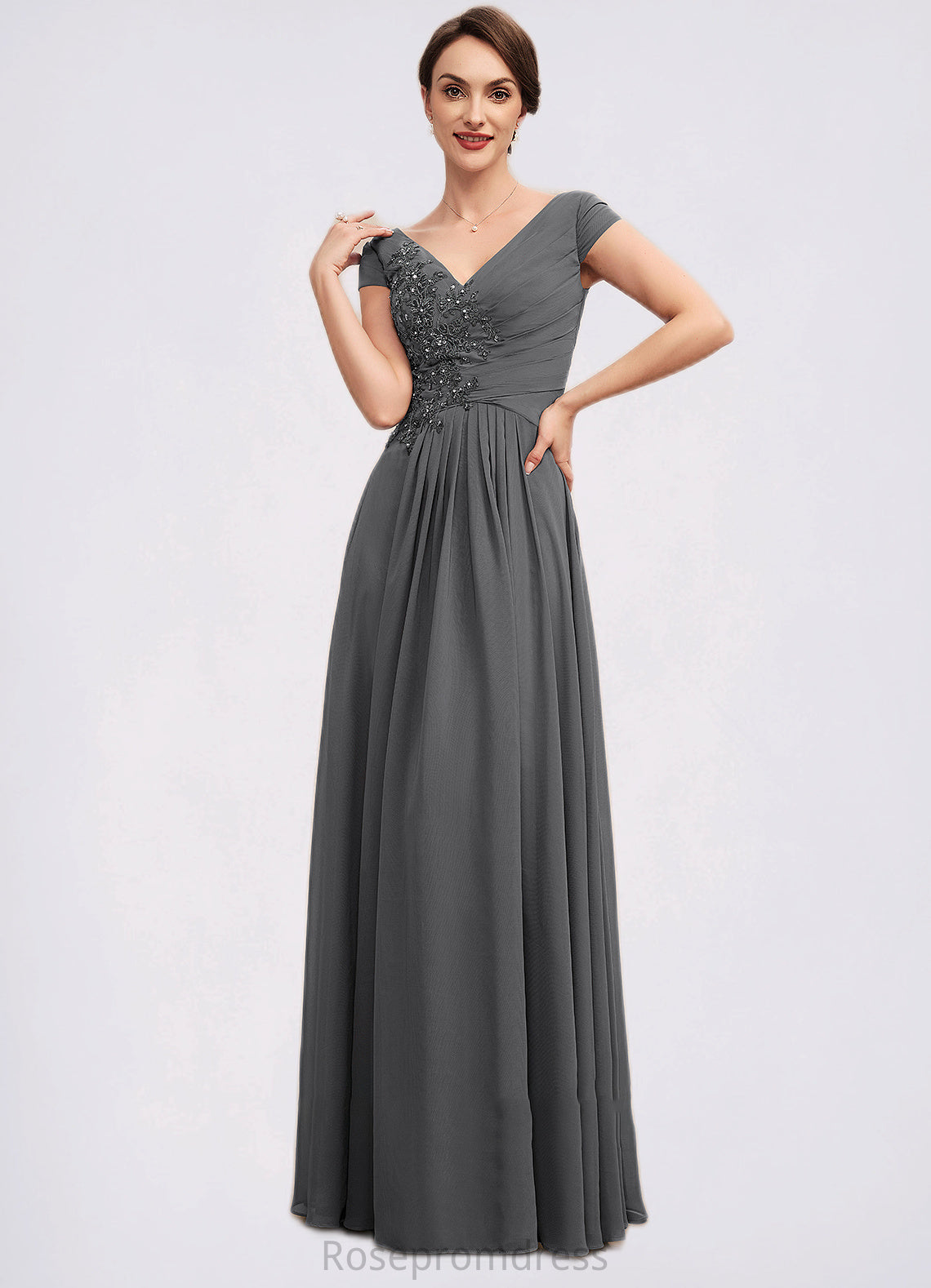 Genevieve A-Line V-neck Floor-Length Chiffon Mother of the Bride Dress With Ruffle Lace Beading Sequins SRSP0014582