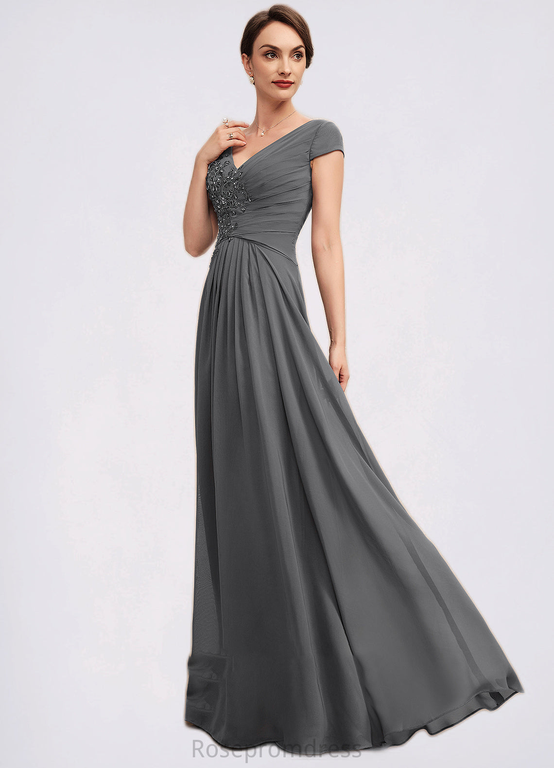 Genevieve A-Line V-neck Floor-Length Chiffon Mother of the Bride Dress With Ruffle Lace Beading Sequins SRSP0014582