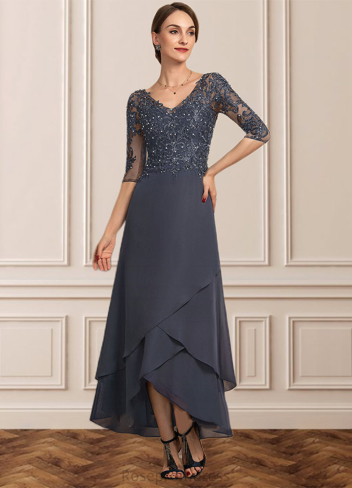 Janelle A-line V-Neck Asymmetrical Chiffon Lace Mother of the Bride Dress With Beading Sequins SRSP0014584