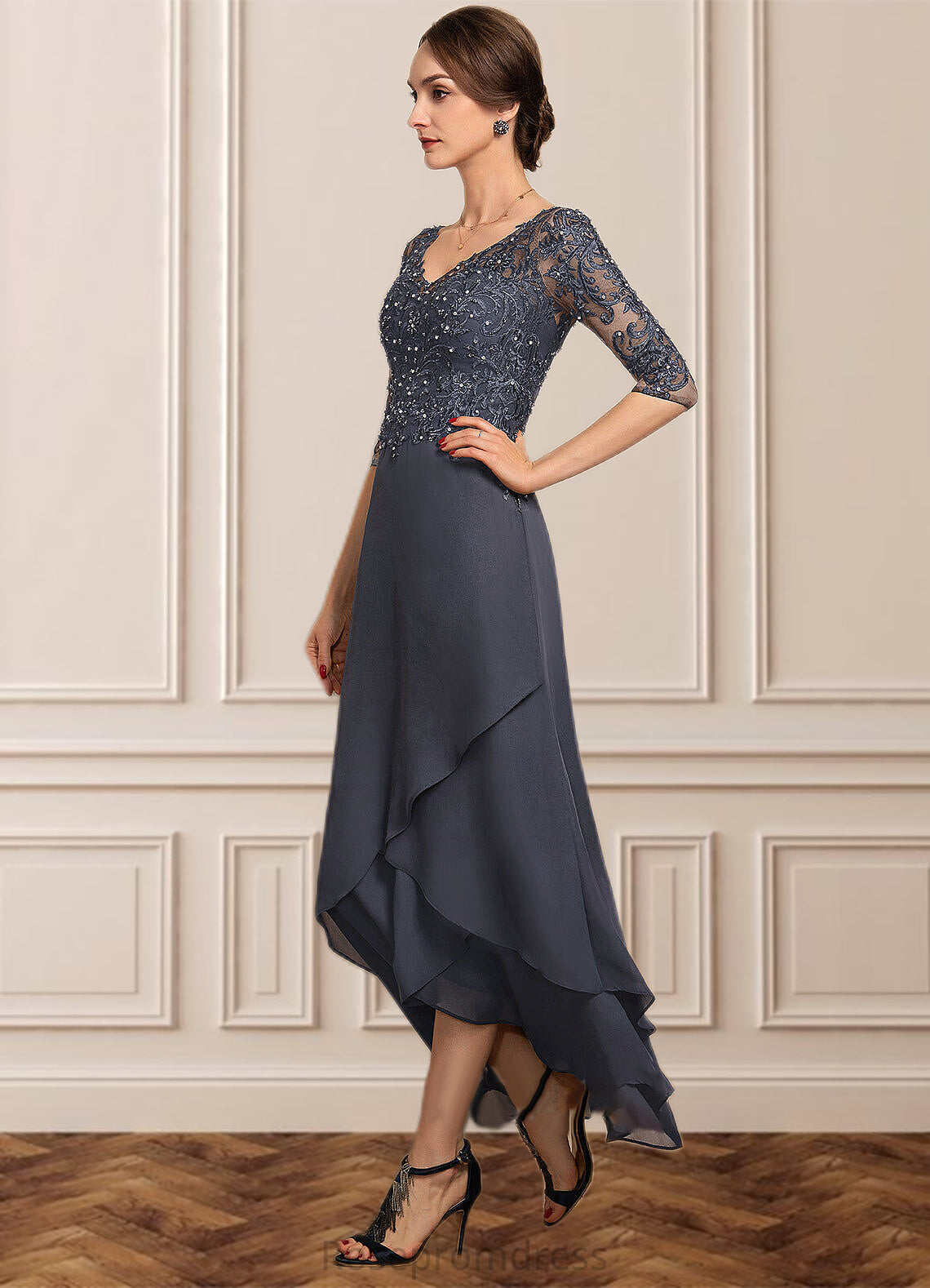 Janelle A-line V-Neck Asymmetrical Chiffon Lace Mother of the Bride Dress With Beading Sequins SRSP0014584