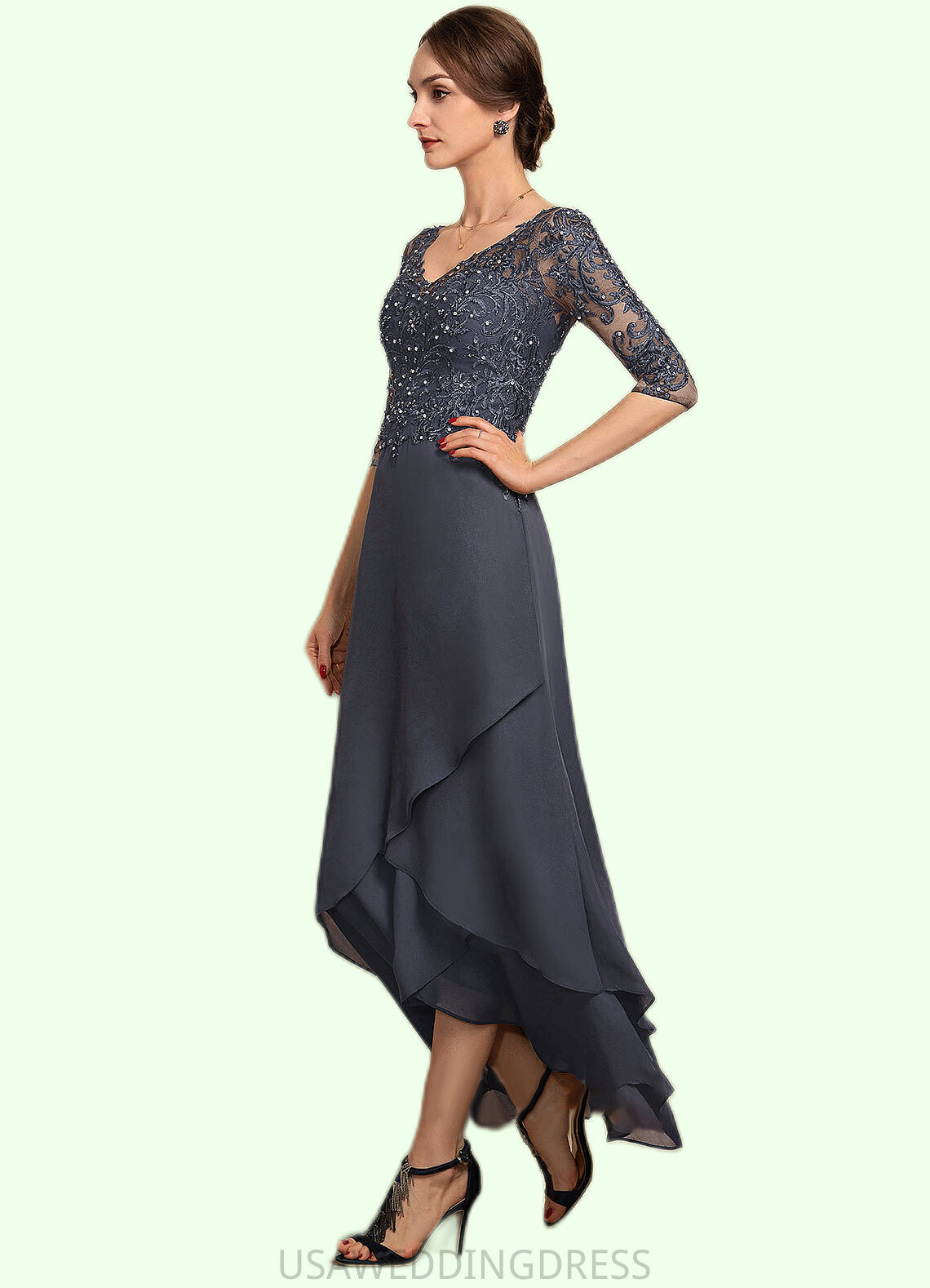 Frederica A-line V-Neck Asymmetrical Chiffon Lace Mother of the Bride Dress With Beading Sequins DS126P0014584