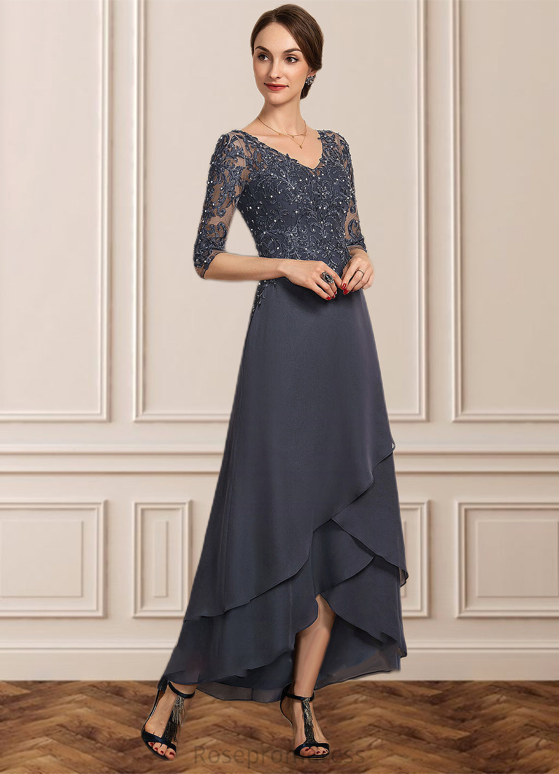 Janelle A-line V-Neck Asymmetrical Chiffon Lace Mother of the Bride Dress With Beading Sequins SRSP0014584