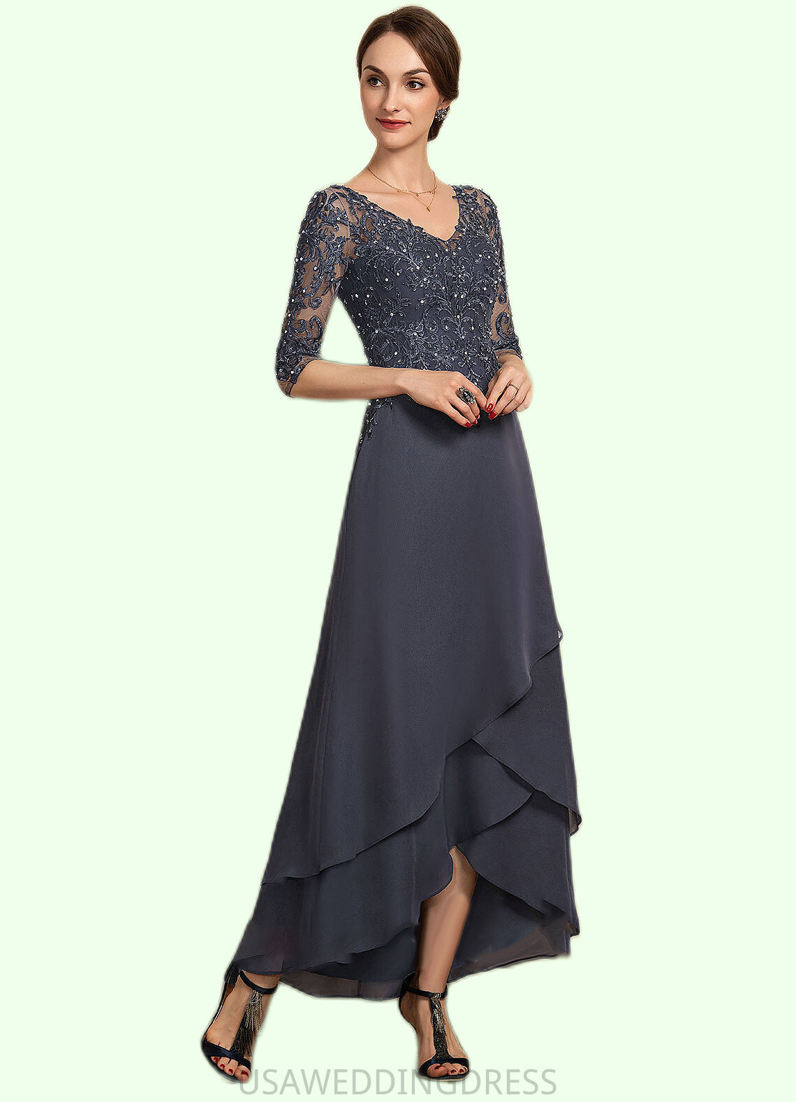 Frederica A-line V-Neck Asymmetrical Chiffon Lace Mother of the Bride Dress With Beading Sequins DS126P0014584