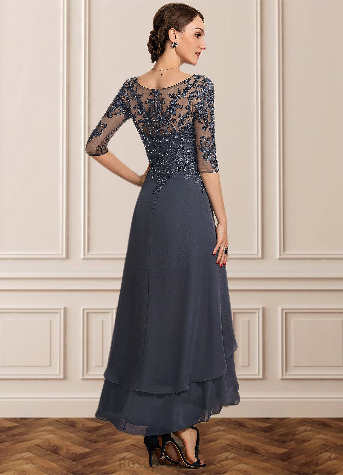 Janelle A-line V-Neck Asymmetrical Chiffon Lace Mother of the Bride Dress With Beading Sequins SRSP0014584