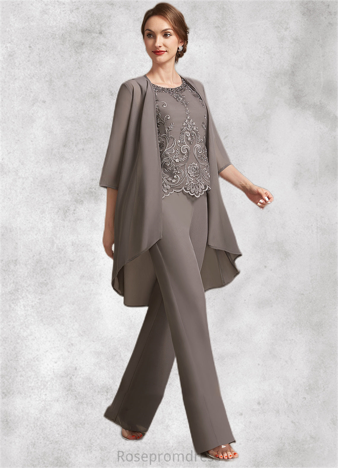 Carleigh Jumpsuit/Pantsuit Scoop Neck Floor-Length Chiffon Lace Mother of the Bride Dress With Beading Sequins SRSP0014585