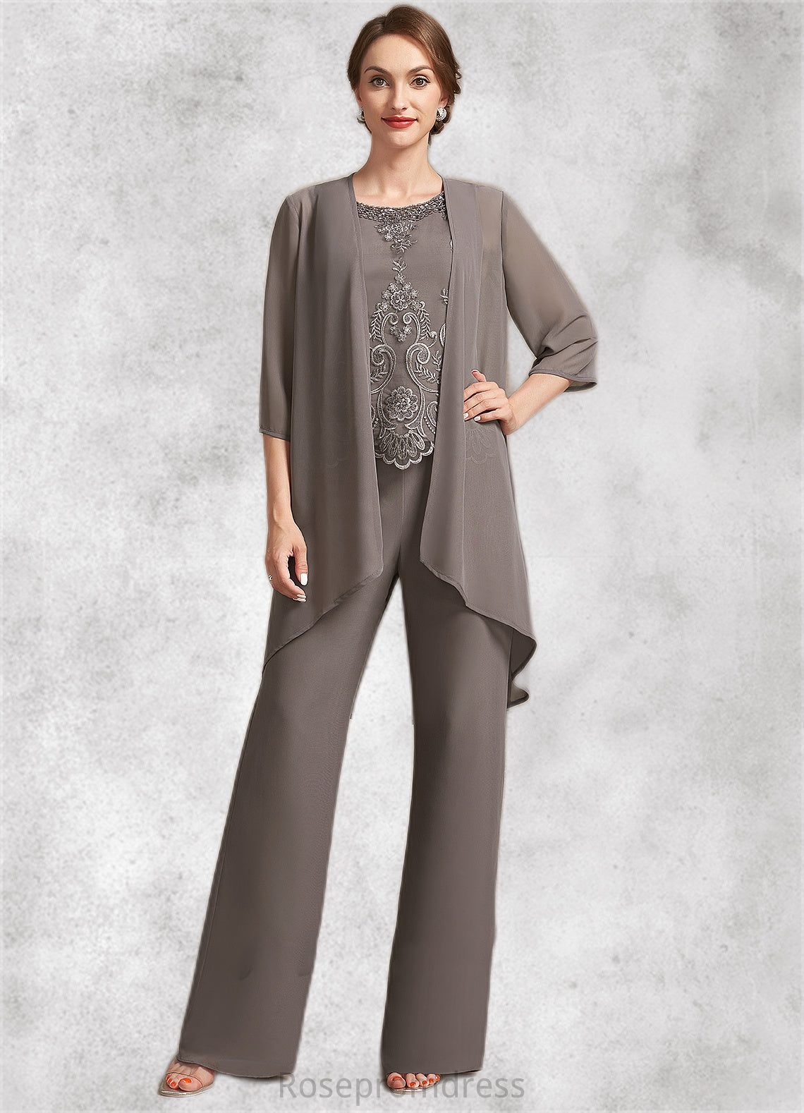 Carleigh Jumpsuit/Pantsuit Scoop Neck Floor-Length Chiffon Lace Mother of the Bride Dress With Beading Sequins SRSP0014585