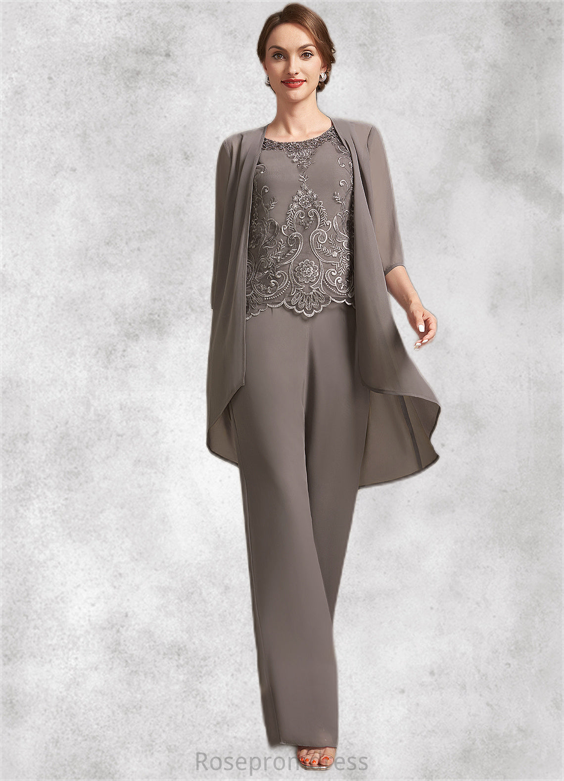 Carleigh Jumpsuit/Pantsuit Scoop Neck Floor-Length Chiffon Lace Mother of the Bride Dress With Beading Sequins SRSP0014585