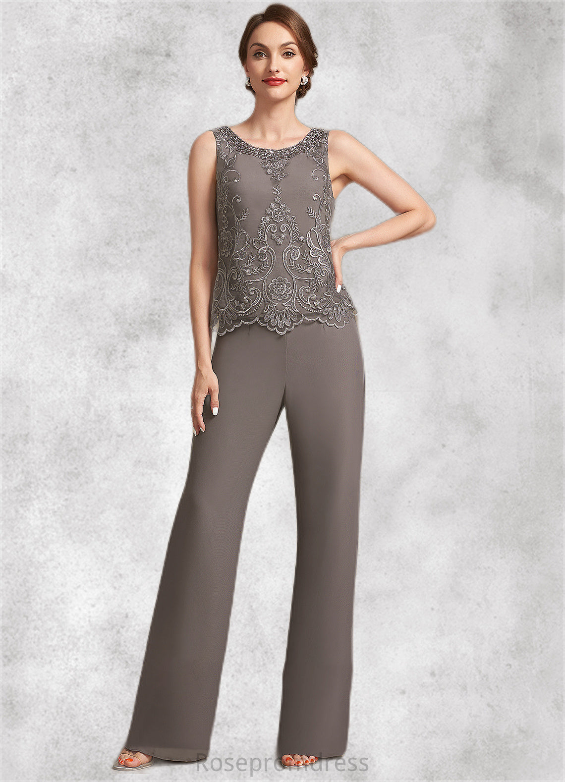 Carleigh Jumpsuit/Pantsuit Scoop Neck Floor-Length Chiffon Lace Mother of the Bride Dress With Beading Sequins SRSP0014585