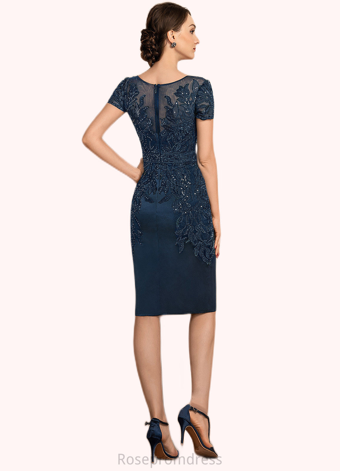 Mara Sheath/Column Scoop Neck Knee-Length Satin Lace Mother of the Bride Dress With Sequins SRSP0014586