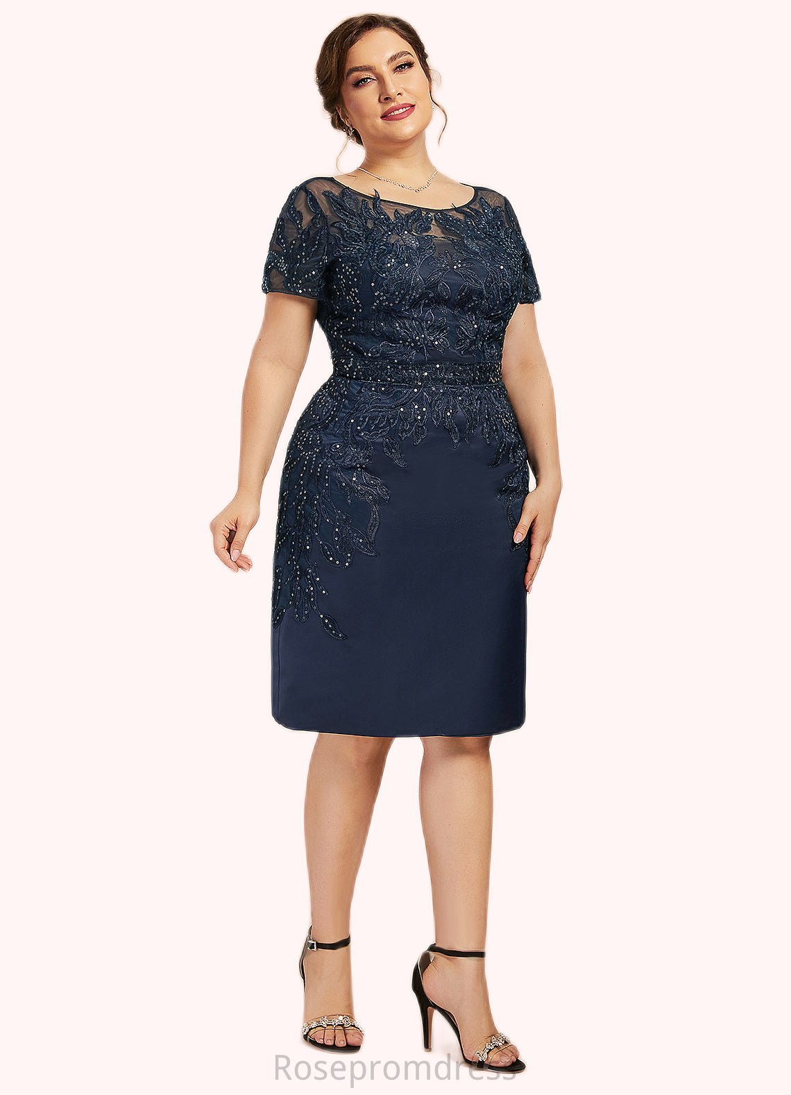 Mara Sheath/Column Scoop Neck Knee-Length Satin Lace Mother of the Bride Dress With Sequins SRSP0014586