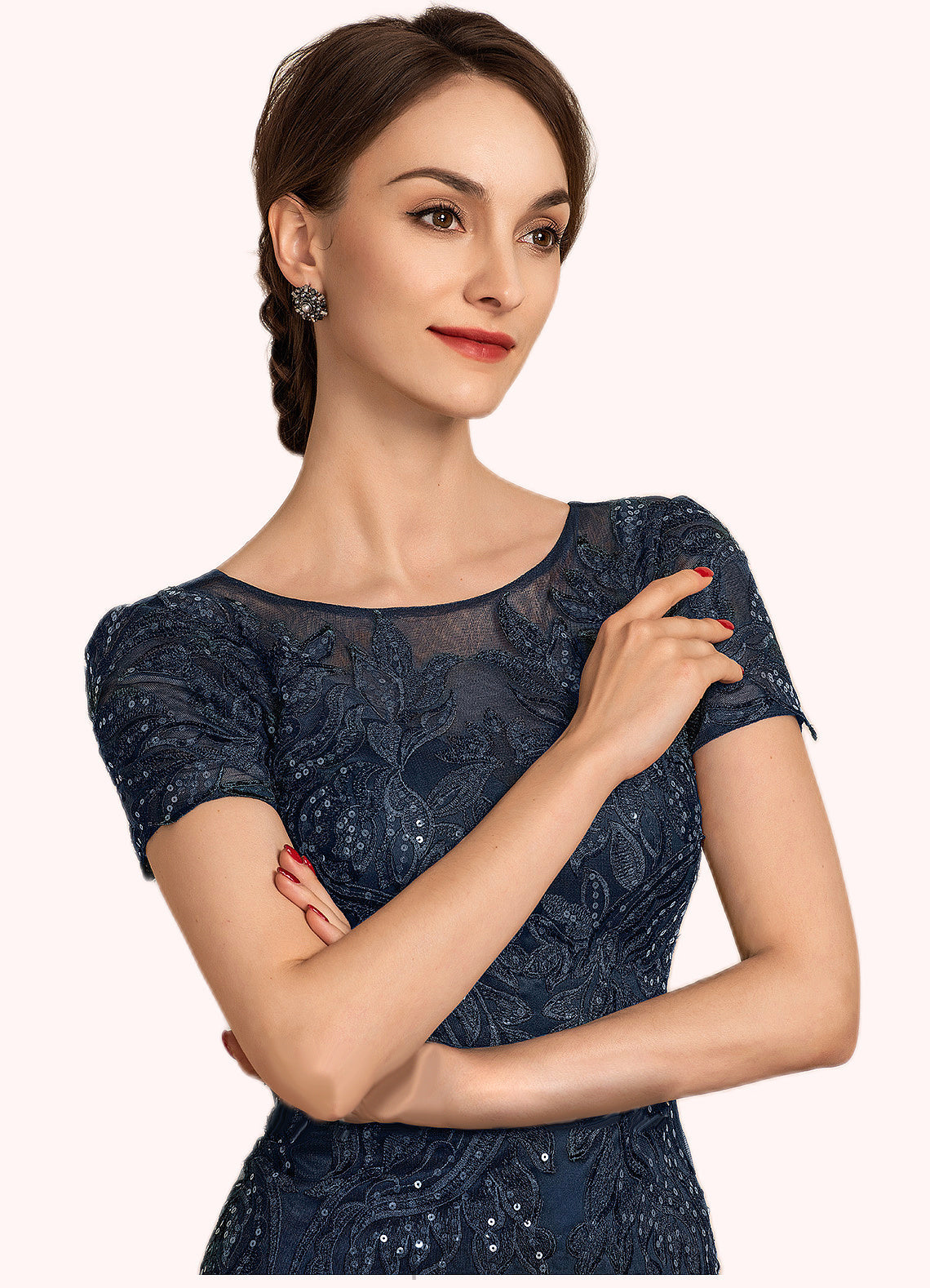 Mara Sheath/Column Scoop Neck Knee-Length Satin Lace Mother of the Bride Dress With Sequins SRSP0014586