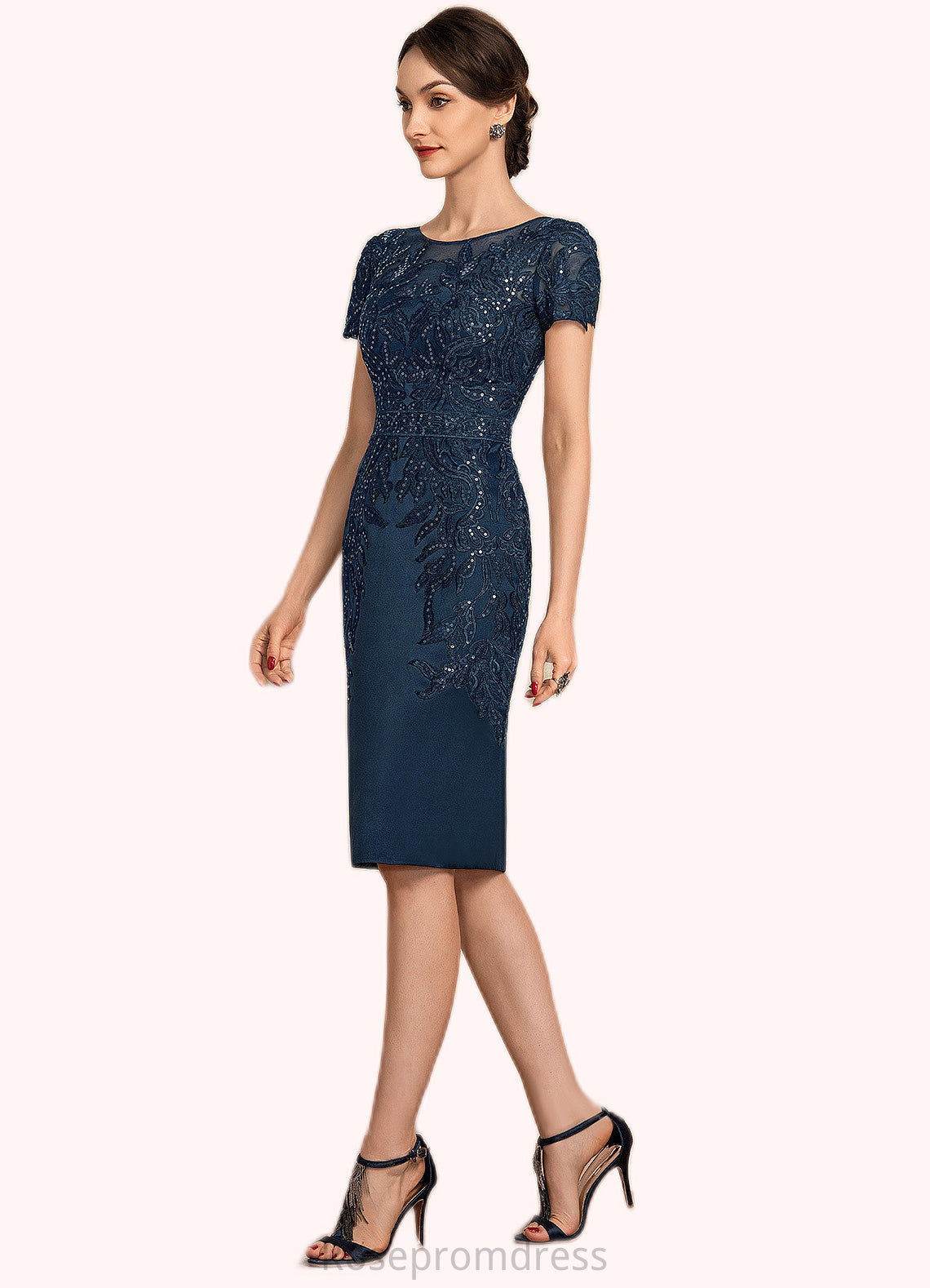 Mara Sheath/Column Scoop Neck Knee-Length Satin Lace Mother of the Bride Dress With Sequins SRSP0014586