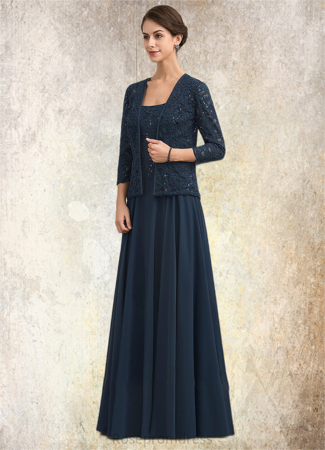 Jaelyn A-Line Square Neckline Floor-Length Chiffon Lace Mother of the Bride Dress With Sequins SRSP0014587