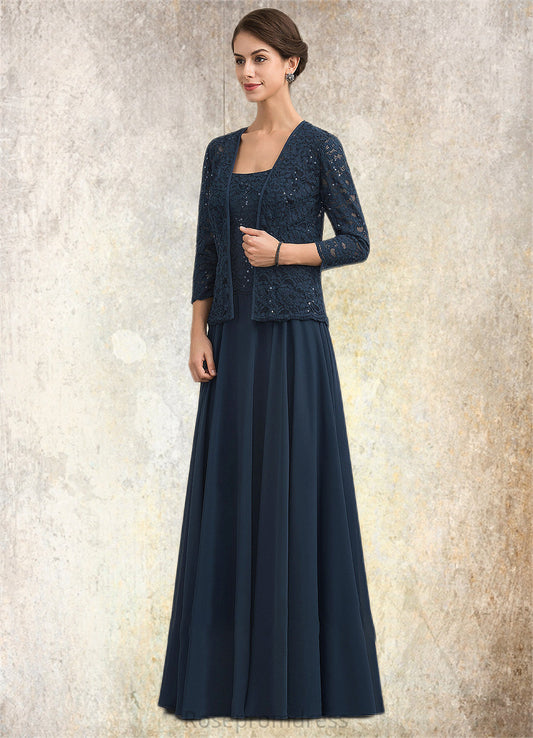 Jaelyn A-Line Square Neckline Floor-Length Chiffon Lace Mother of the Bride Dress With Sequins SRSP0014587