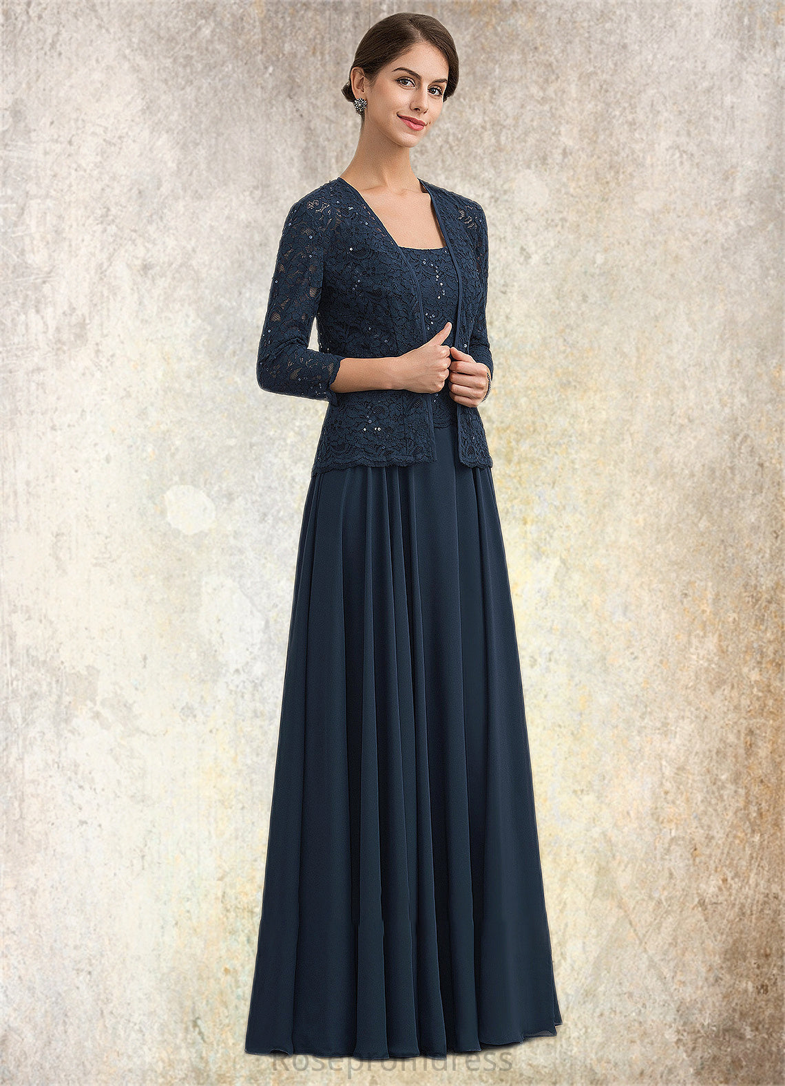 Jaelyn A-Line Square Neckline Floor-Length Chiffon Lace Mother of the Bride Dress With Sequins SRSP0014587
