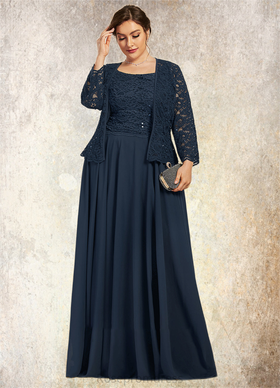 Jaelyn A-Line Square Neckline Floor-Length Chiffon Lace Mother of the Bride Dress With Sequins SRSP0014587