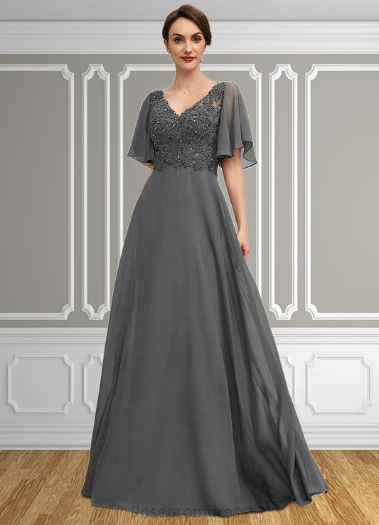 April A-line V-Neck Floor-Length Chiffon Lace Mother of the Bride Dress With Beading Sequins SRS126P0014589