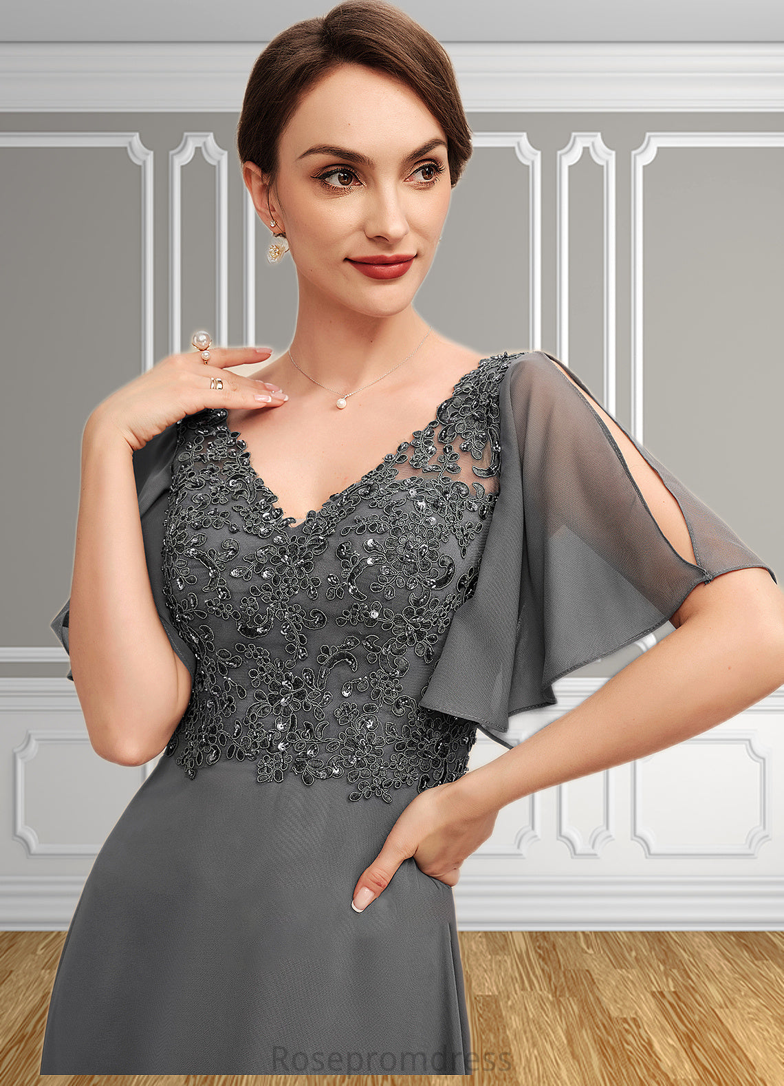 April A-line V-Neck Floor-Length Chiffon Lace Mother of the Bride Dress With Beading Sequins SRS126P0014589
