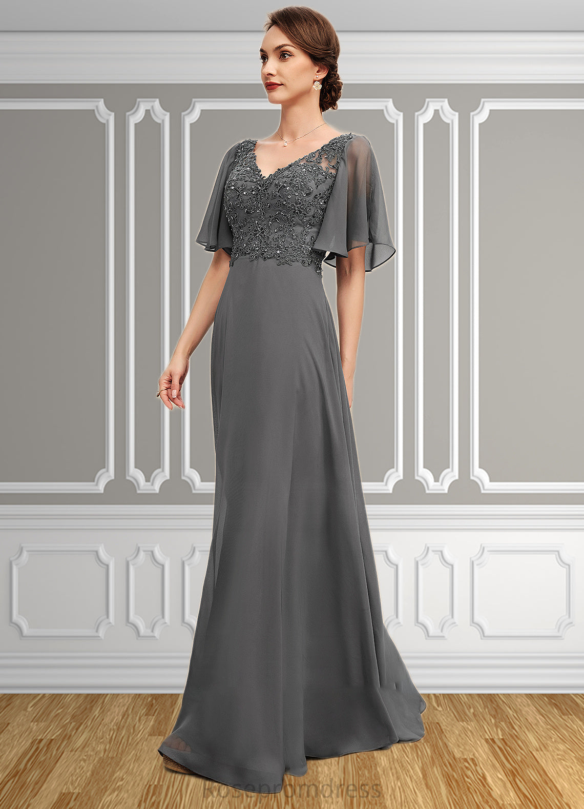 April A-line V-Neck Floor-Length Chiffon Lace Mother of the Bride Dress With Beading Sequins SRS126P0014589