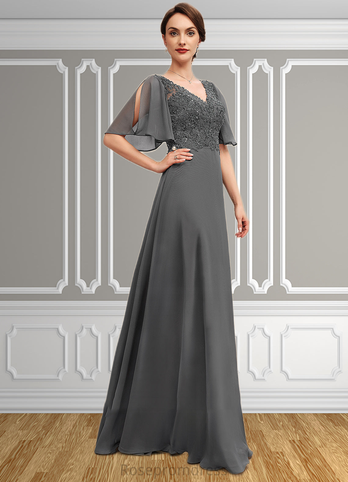 April A-line V-Neck Floor-Length Chiffon Lace Mother of the Bride Dress With Beading Sequins SRS126P0014589
