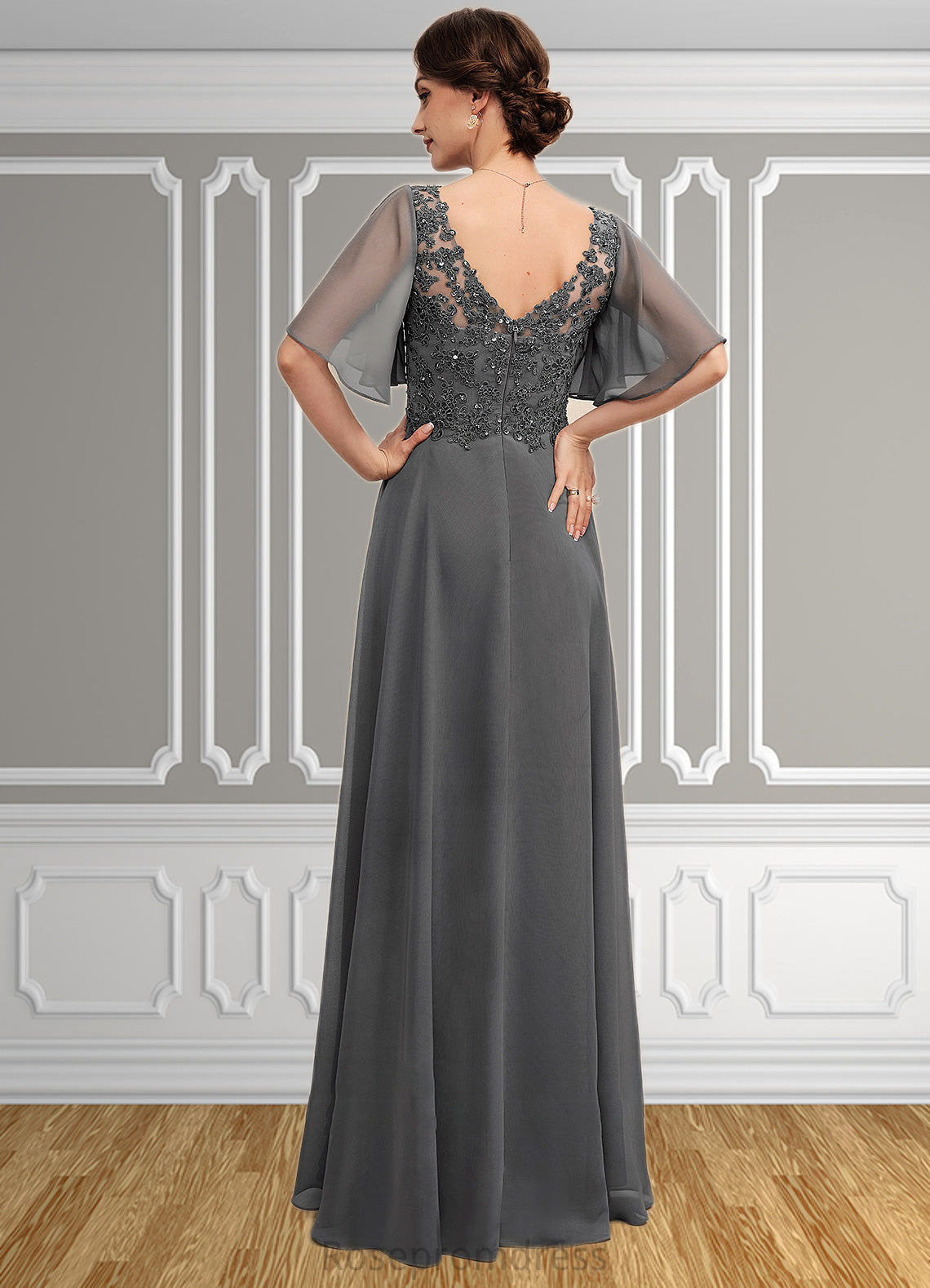 April A-line V-Neck Floor-Length Chiffon Lace Mother of the Bride Dress With Beading Sequins SRS126P0014589