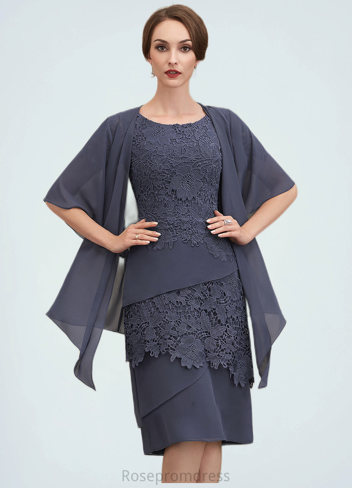 Cristina Sheath/Column Scoop Neck Knee-Length Chiffon Lace Mother of the Bride Dress SRS126P0014591