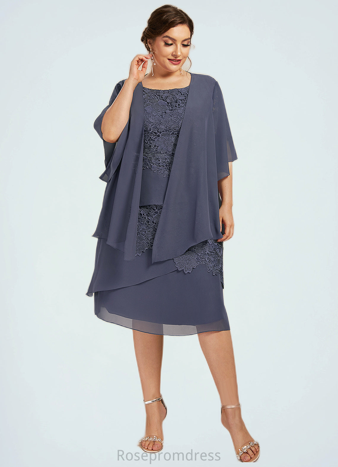 Cristina Sheath/Column Scoop Neck Knee-Length Chiffon Lace Mother of the Bride Dress SRS126P0014591