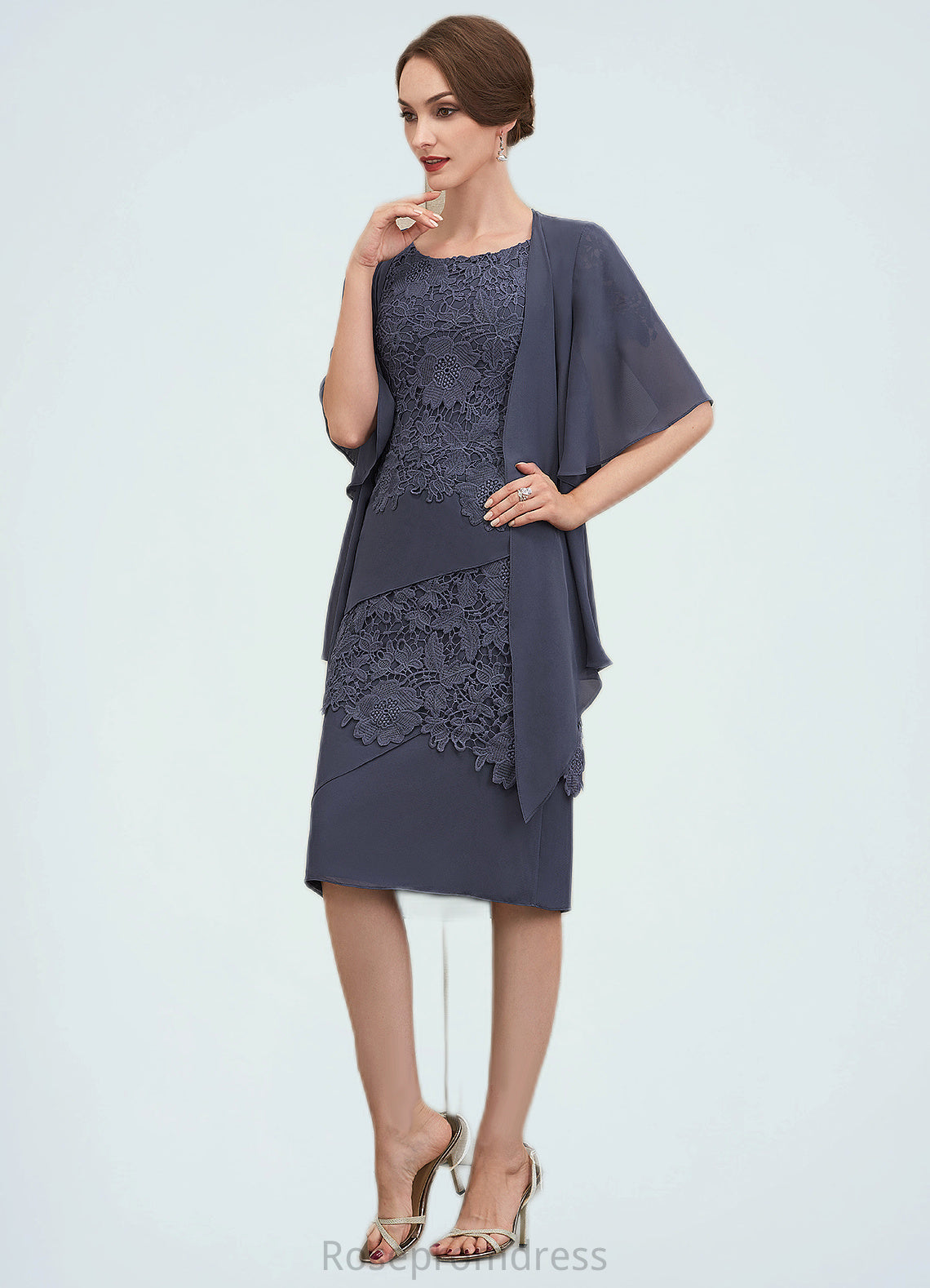 Cristina Sheath/Column Scoop Neck Knee-Length Chiffon Lace Mother of the Bride Dress SRS126P0014591