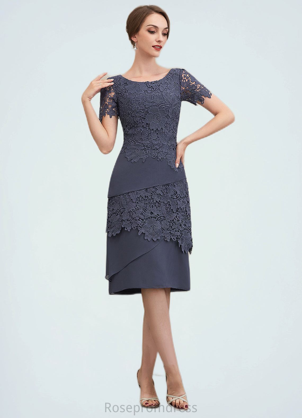 Cristina Sheath/Column Scoop Neck Knee-Length Chiffon Lace Mother of the Bride Dress SRS126P0014591