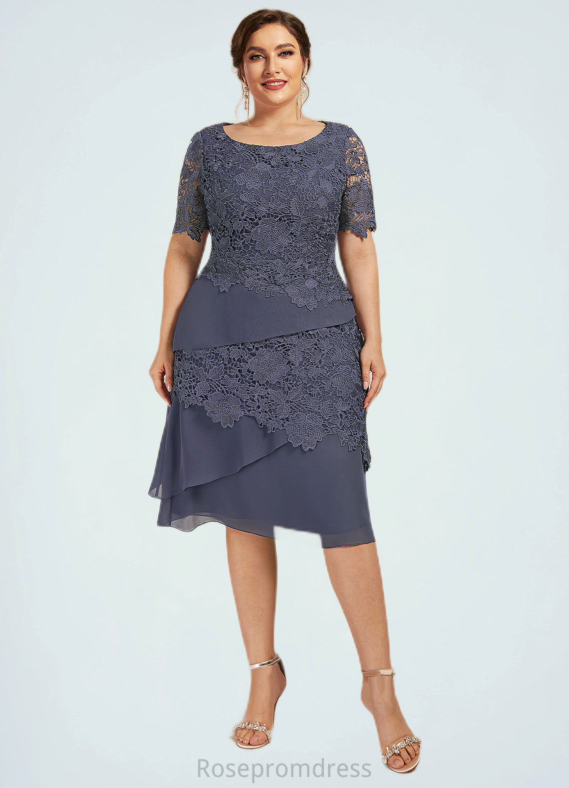 Cristina Sheath/Column Scoop Neck Knee-Length Chiffon Lace Mother of the Bride Dress SRS126P0014591