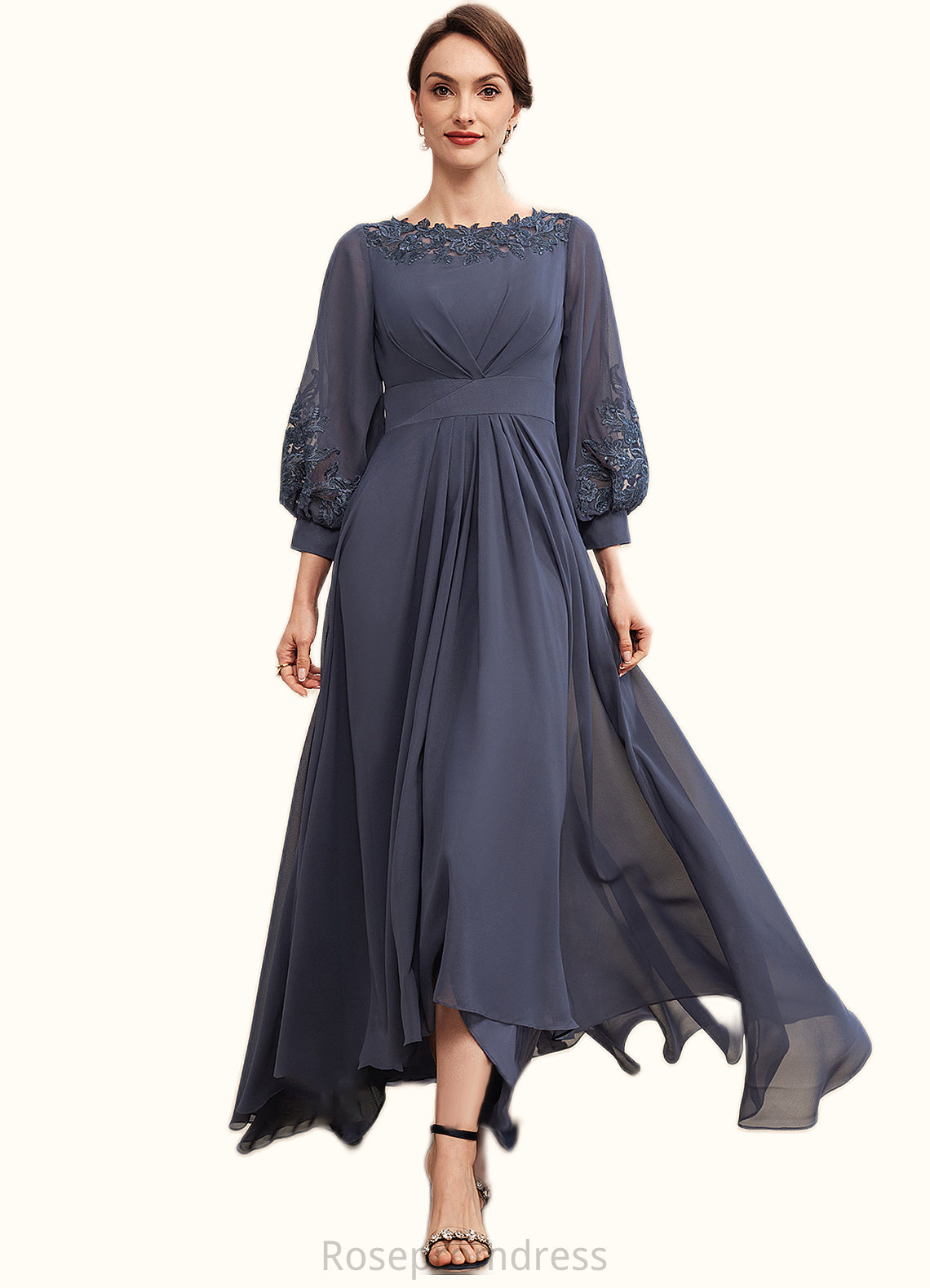 Sherlyn A-Line Scoop Neck Asymmetrical Chiffon Mother of the Bride Dress With Ruffle Appliques Lace SRS126P0014592