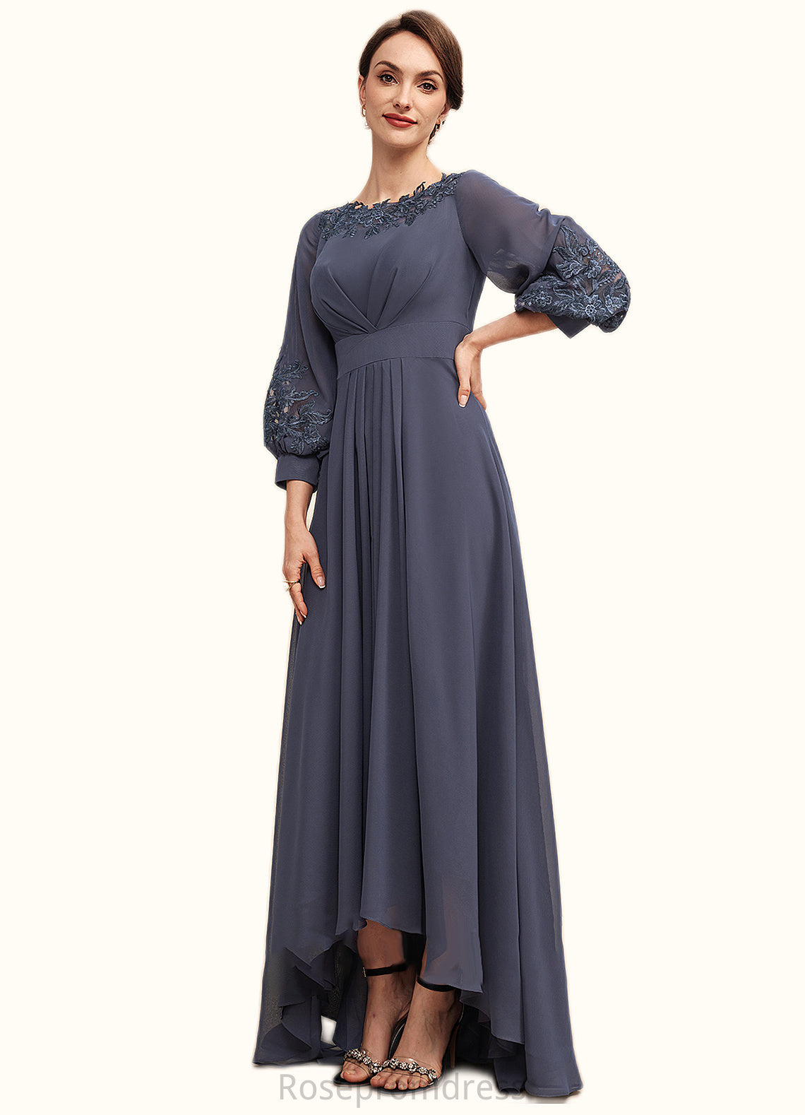 Sherlyn A-Line Scoop Neck Asymmetrical Chiffon Mother of the Bride Dress With Ruffle Appliques Lace SRS126P0014592