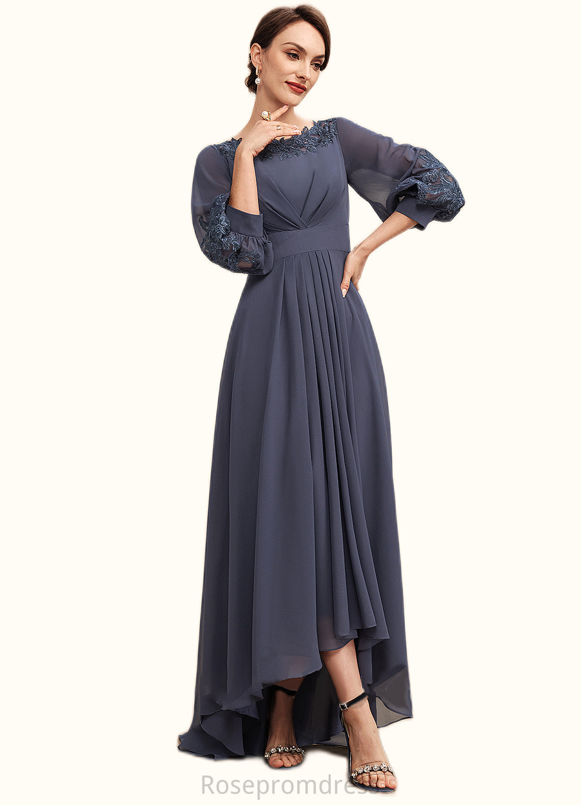 Sherlyn A-Line Scoop Neck Asymmetrical Chiffon Mother of the Bride Dress With Ruffle Appliques Lace SRS126P0014592