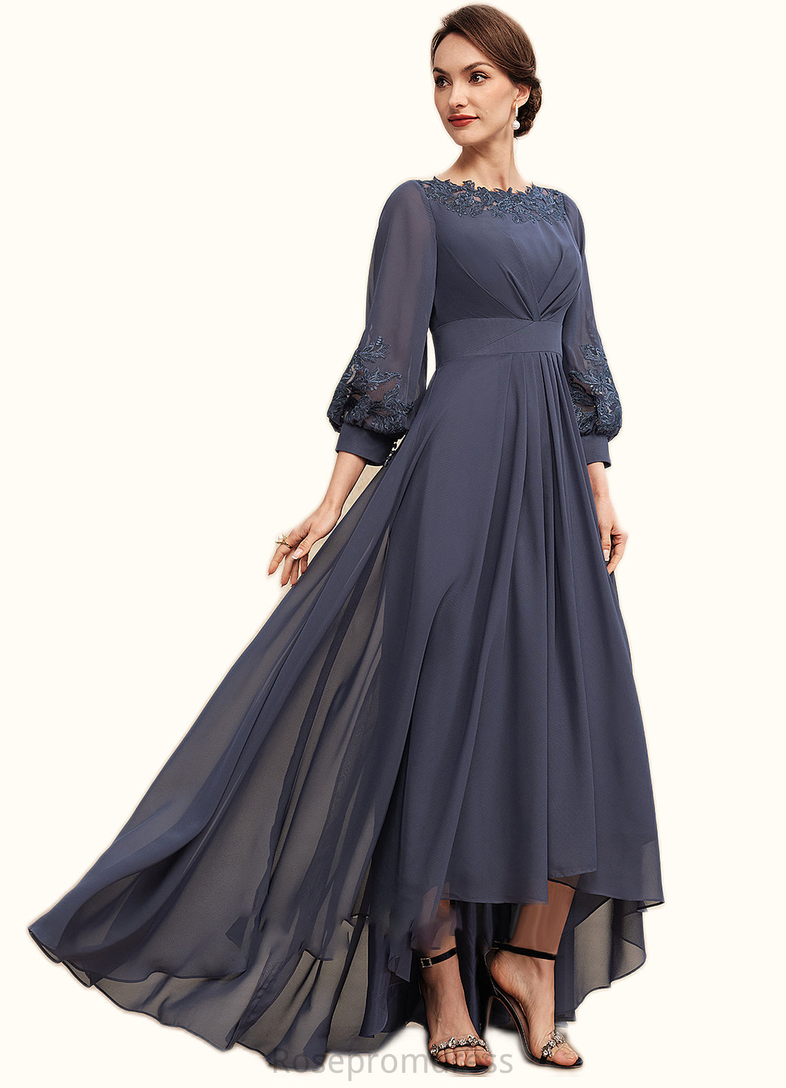 Sherlyn A-Line Scoop Neck Asymmetrical Chiffon Mother of the Bride Dress With Ruffle Appliques Lace SRS126P0014592