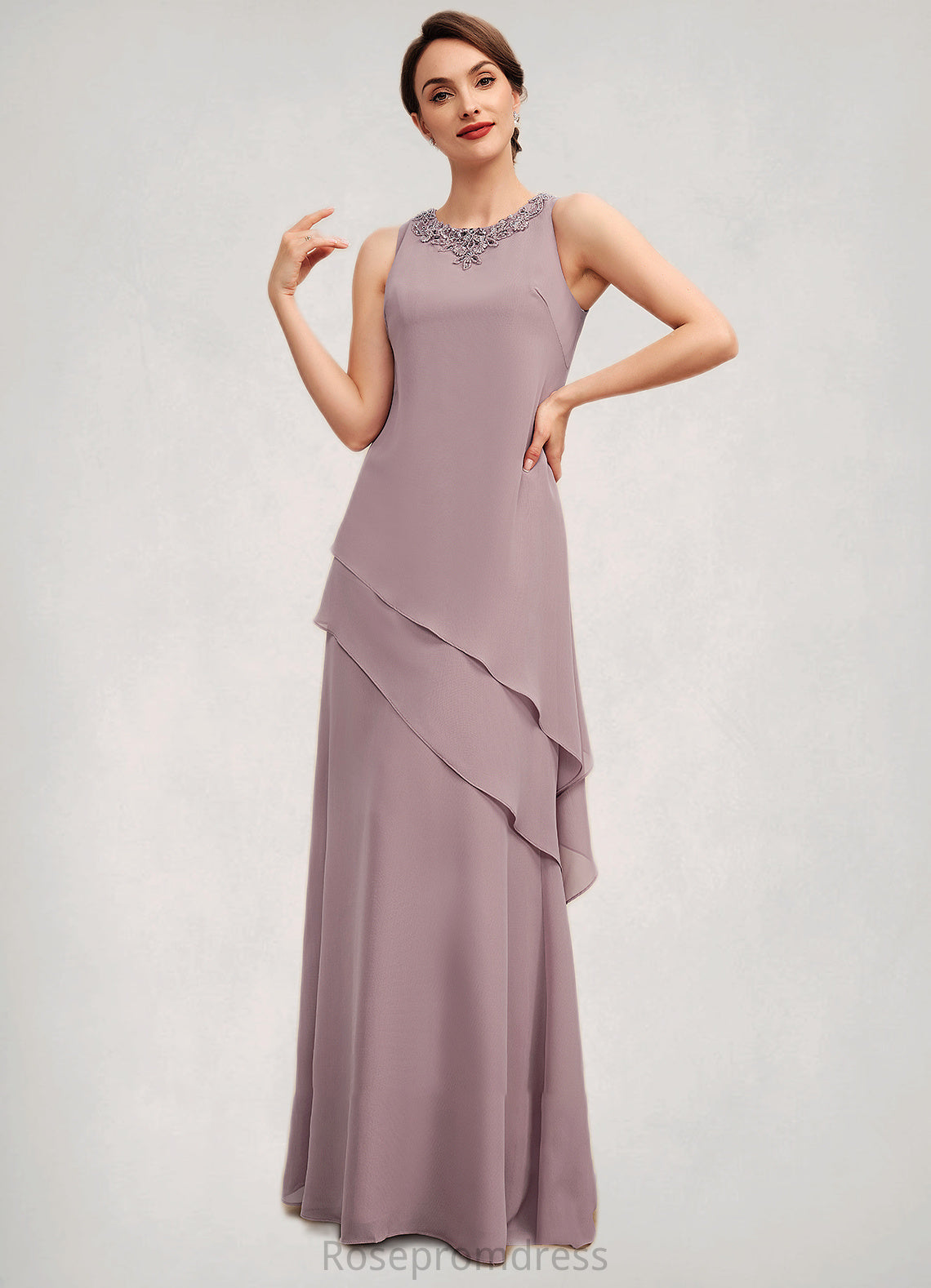 Serenity A-Line Scoop Neck Floor-Length Chiffon Mother of the Bride Dress With Beading SRS126P0014593