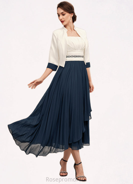 Kamila A-Line Square Neckline Tea-Length Chiffon Mother of the Bride Dress With Beading Sequins Pleated SRS126P0014594