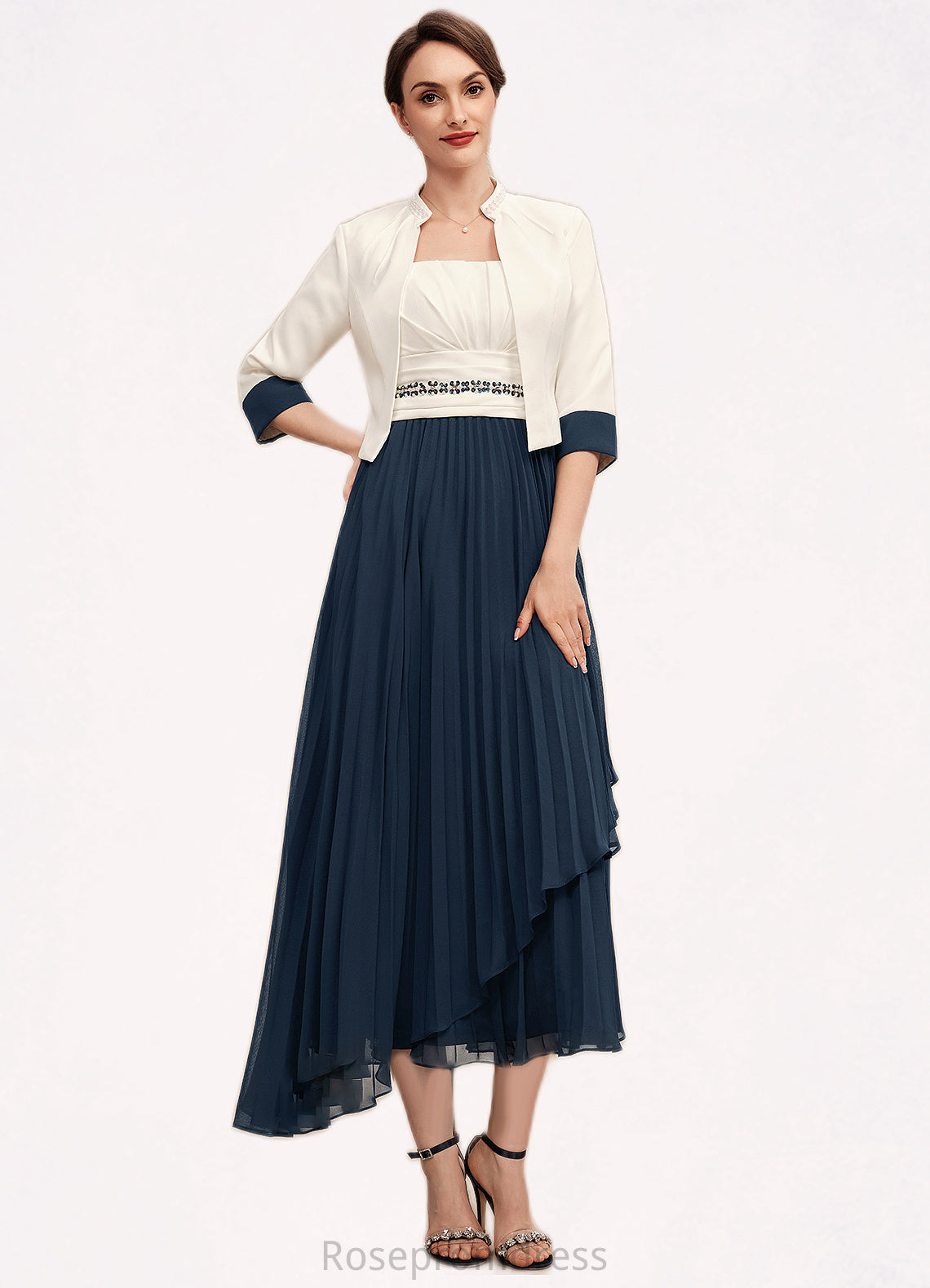 Kamila A-Line Square Neckline Tea-Length Chiffon Mother of the Bride Dress With Beading Sequins Pleated SRS126P0014594