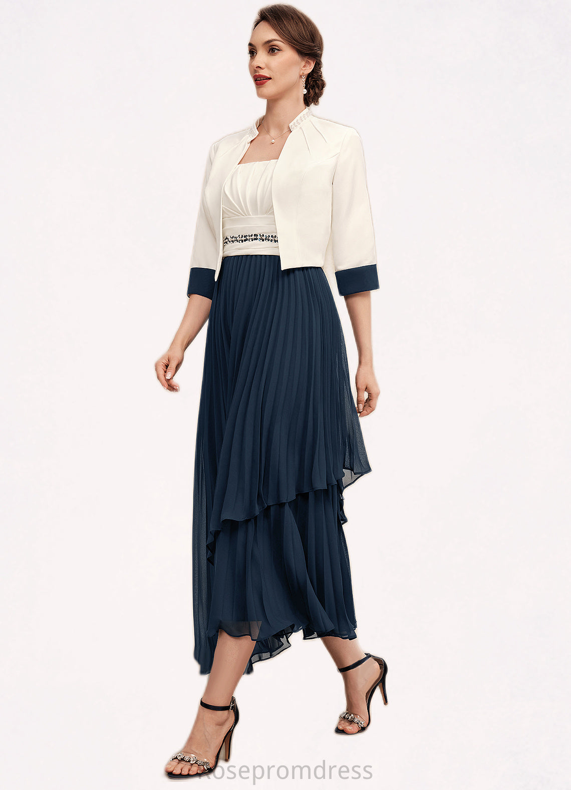 Kamila A-Line Square Neckline Tea-Length Chiffon Mother of the Bride Dress With Beading Sequins Pleated SRS126P0014594