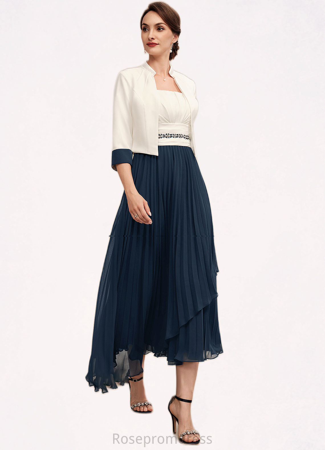 Kamila A-Line Square Neckline Tea-Length Chiffon Mother of the Bride Dress With Beading Sequins Pleated SRS126P0014594