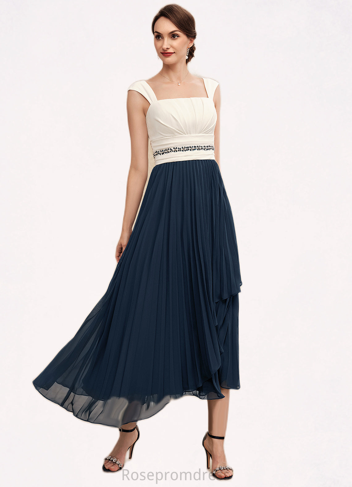 Kamila A-Line Square Neckline Tea-Length Chiffon Mother of the Bride Dress With Beading Sequins Pleated SRS126P0014594