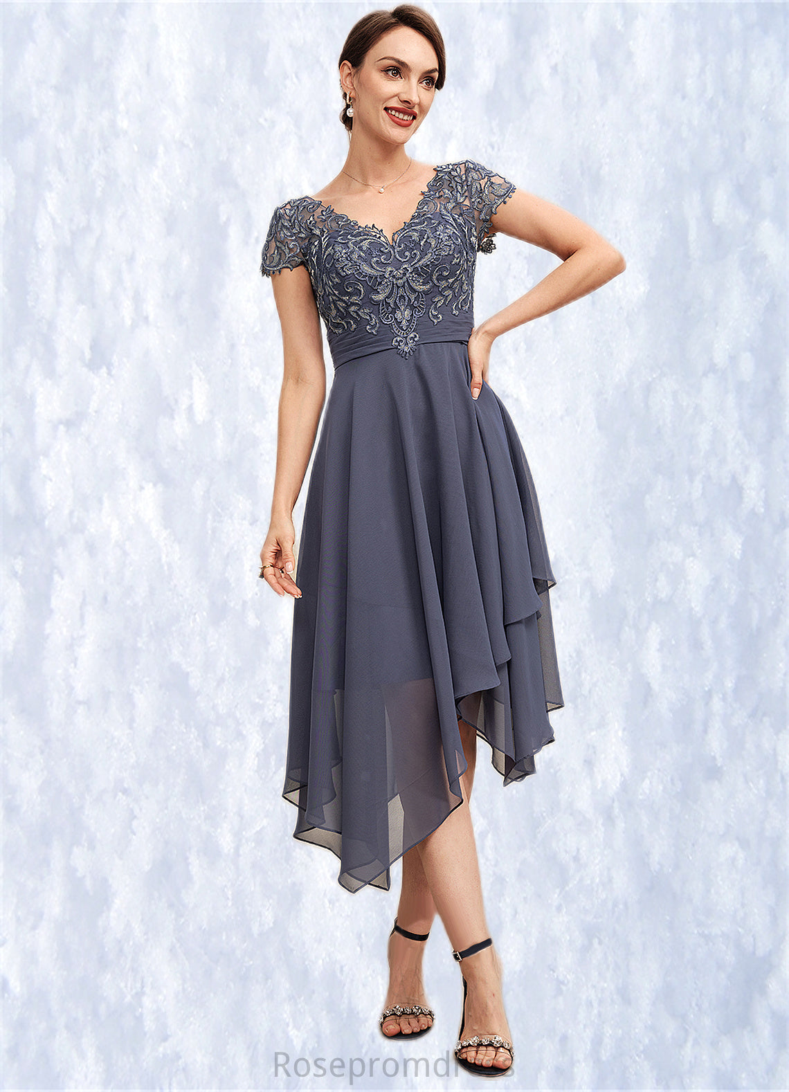 Karla A-Line V-neck Asymmetrical Chiffon Lace Mother of the Bride Dress With Ruffle SRS126P0014596