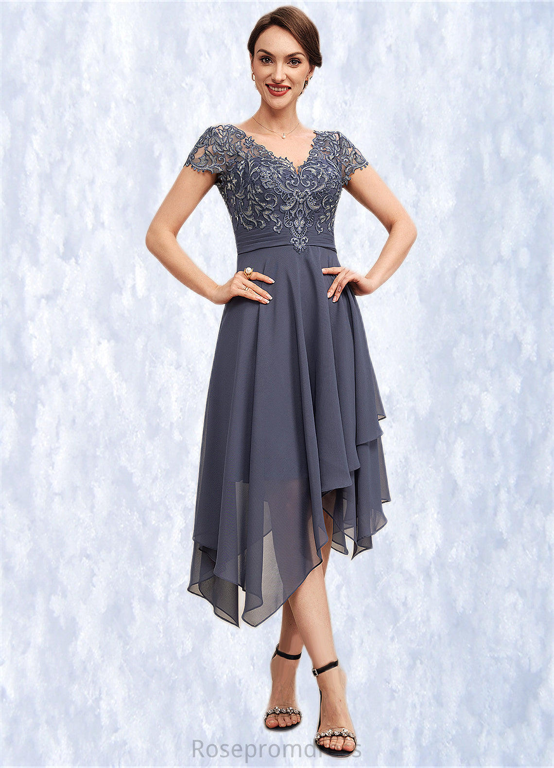 Karla A-Line V-neck Asymmetrical Chiffon Lace Mother of the Bride Dress With Ruffle SRS126P0014596