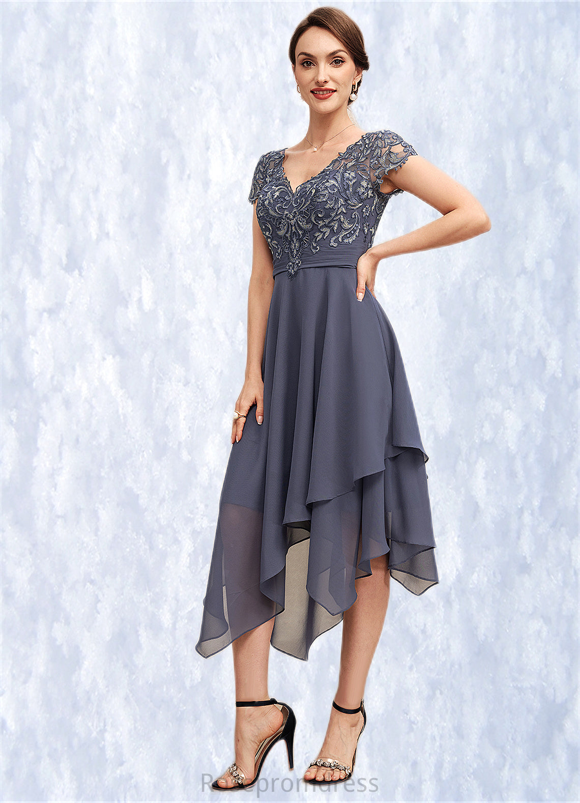 Karla A-Line V-neck Asymmetrical Chiffon Lace Mother of the Bride Dress With Ruffle SRS126P0014596