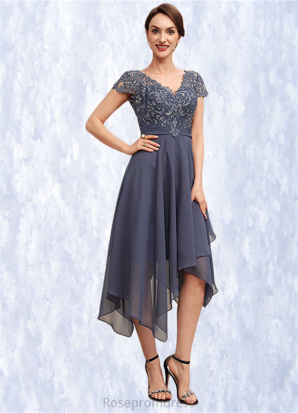 Karla A-Line V-neck Asymmetrical Chiffon Lace Mother of the Bride Dress With Ruffle SRS126P0014596