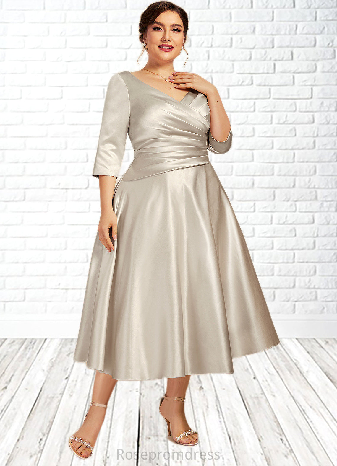 Deja A-Line V-neck Tea-Length Satin Mother of the Bride Dress With Ruffle SRS126P0014598