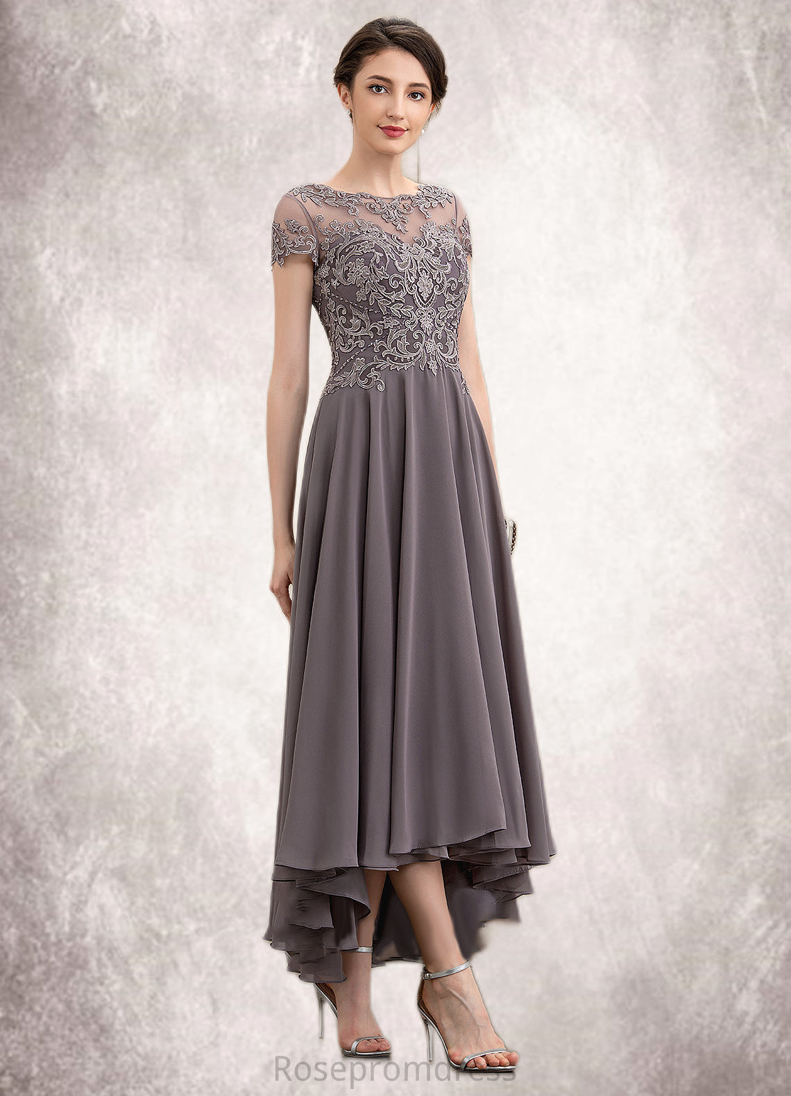 Bianca A-Line Scoop Neck Asymmetrical Chiffon Lace Mother of the Bride Dress With Beading Sequins SRS126P0014599
