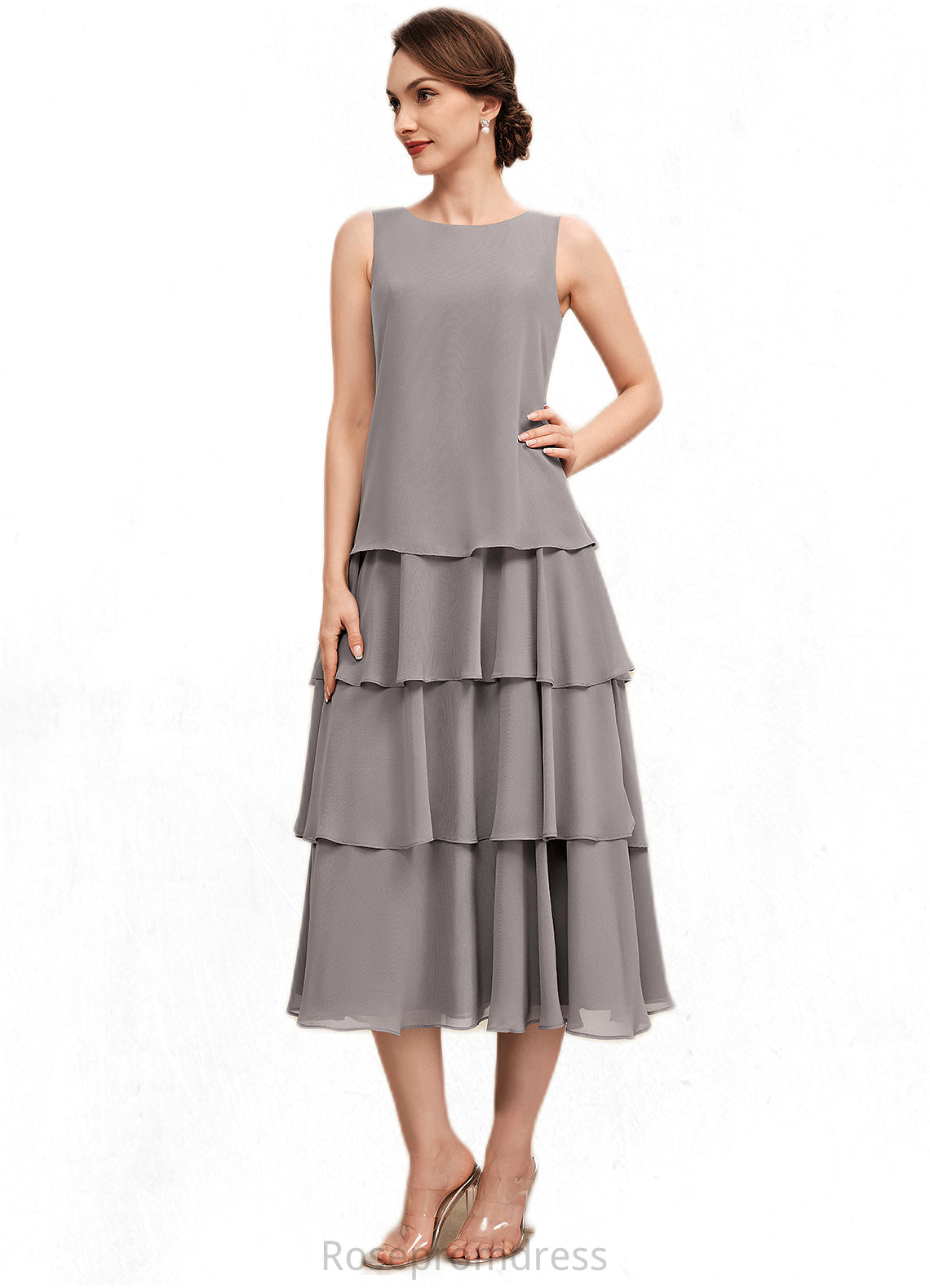 Ruth A-Line Scoop Neck Tea-Length Chiffon Mother of the Bride Dress With Cascading Ruffles SRS126P0014603