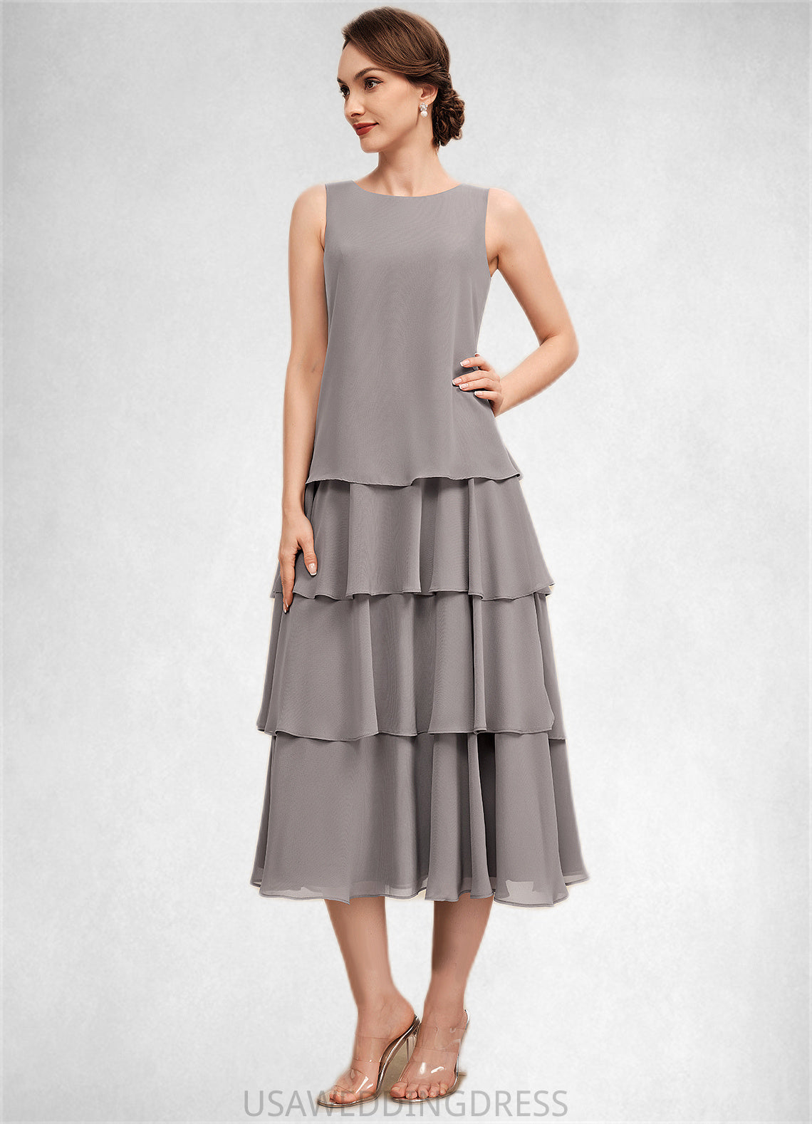 Gianna A-Line Scoop Neck Tea-Length Chiffon Mother of the Bride Dress With Cascading Ruffles DS126P0014603